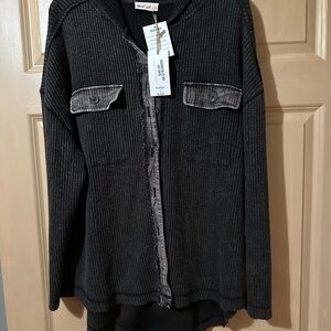 Black Ribbed Button-Up Cardigan